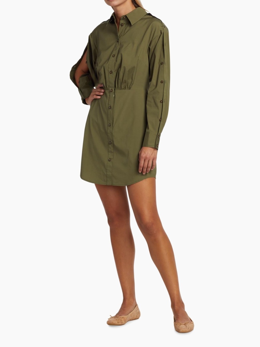 Veronica Beard Olive Green - Rae Poplin Minidress, Button-Front Mini Shirt Dress